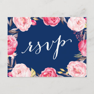 Invitation Carte Postale Couronne rose florale Marine Bleu Mariage RSVP Rép
