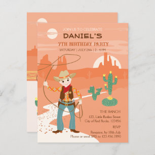Invitation Carte Postale Cowboy avec lasso et cactus anniversaire de enfant
