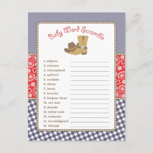 Invitation Carte Postale Cowboy Baby shower Mot Jeu (Devant)