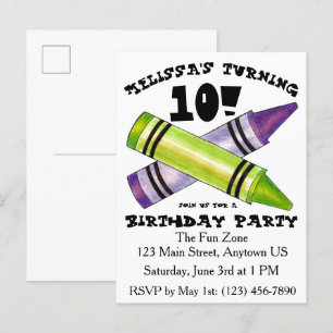 Invitation Carte Postale Crayons d'artiste vert violet Fête d'anniversaire