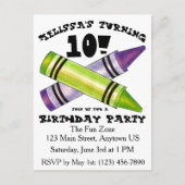 Invitation Carte Postale Crayons d'artiste verts violets Fête d'anniversair (Devant)