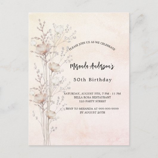 Invitation Carte Postale Crème d'anniversaire roux fleur sauvage rose (Devant)