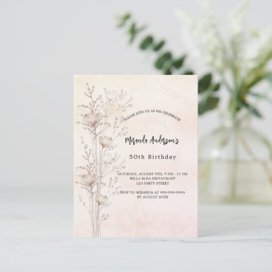 Invitation Carte Postale Crème d'anniversaire roux fleur sauvage rose (Debout devant)