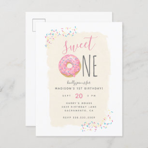 Invitation Carte Postale Crème Doughnut rose saupoudrer doux 1er annivers