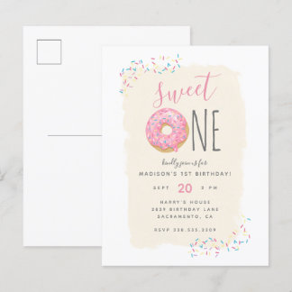 Invitation Carte Postale Crème | Doughnut rose saupoudrer doux 1er annivers