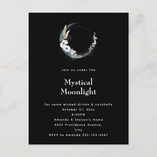 Invitation Carte Postale Crescent Bleu Lune Fleurs blanches Fête d'Hallowee (Devant)