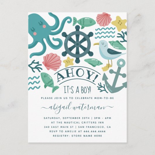 Invitation Carte Postale Critère marin nautique Ahoy! C'est un Baby shower  (Devant)
