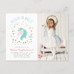 Invitation Carte Postale Croire en Magic Gold Stars Unicorn Photo Anniversa
