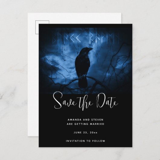 Invitation Carte Postale Crow noir avec Runes Goth foncé Enregistrer la dat (Devant / Derrière)