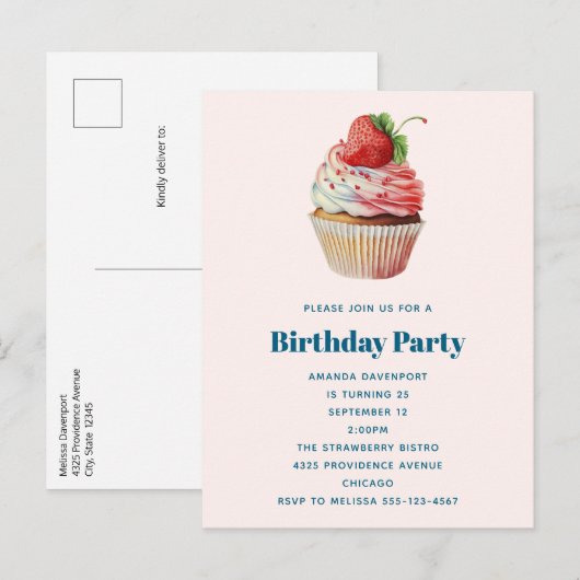 Invitation Carte Postale Cupcake fraise dessert dessert Anniversaire (Devant / Derrière)