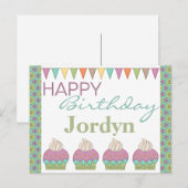 Invitation Carte Postale Cupcake mignonne violet Turquoise fête d'anniversa (Devant / Derrière)