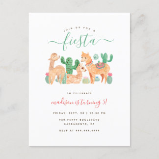 Invitation Carte Postale Cute Aquarelle Llama Fiesta Anniversaire de enfant