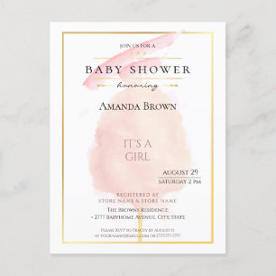 Invitation Carte Postale Cute Aquarelle rose Coton Baby shower bonbon