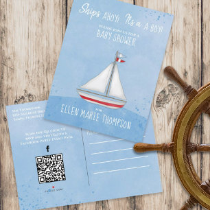 Invitation Carte Postale Cute Baby shower Ship Ahoy QR Code Social Media