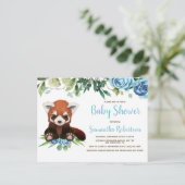 Invitation Carte Postale Cute Bear Bleu Fleurs verdure Baby shower garçon (Debout devant)