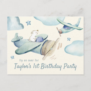 Invitation Carte Postale Cute Bear Flying Avion Baby's 1st Birthday