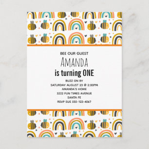 Invitation Carte Postale Cute Bumble Bee et Rainbows Motif Anniversaire Inv