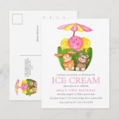 Invitation Carte Postale Cute Bunny Teddy Bear Crème de glace 1ère fête d'a (Devant / Derrière)