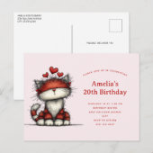 Invitation Carte Postale Cute Cat with Red Love Hearts Birthday (Devant / Derrière)