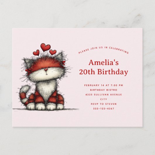 Invitation Carte Postale Cute Cat with Red Love Hearts Birthday (Devant)