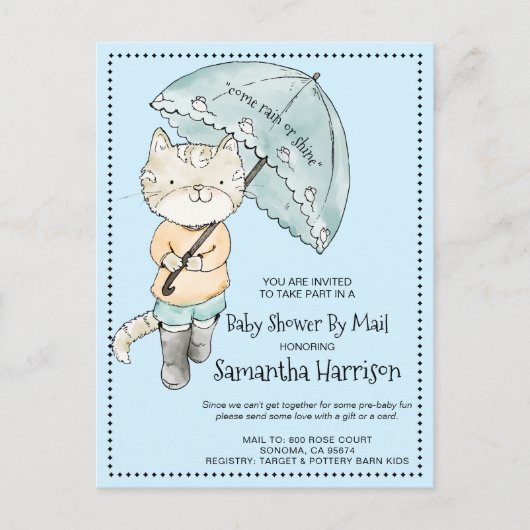 Invitation Carte Postale Cute Chat Avec Parapluie | Baby shower par courrie (Devant)