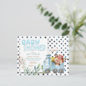 Invitation Carte Postale Cute Fox En Train pois Baby shower Bleu (Debout devant)