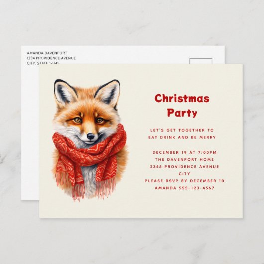 Invitation Carte Postale Cute Fox in a Red Scarf Autumn Image Christmas (Devant / Derrière)