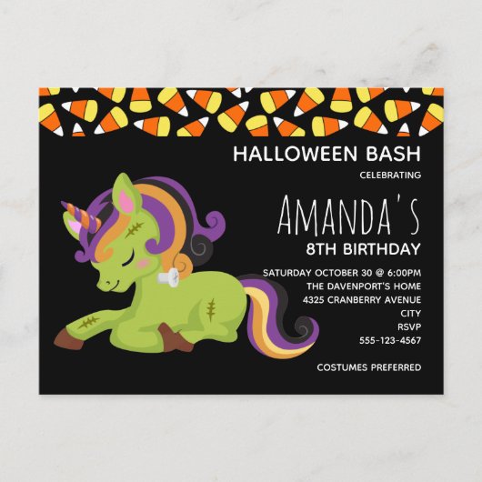 Invitation Carte Postale Cute Frankenstein Unicorn Halloween Anniversaire (Devant)