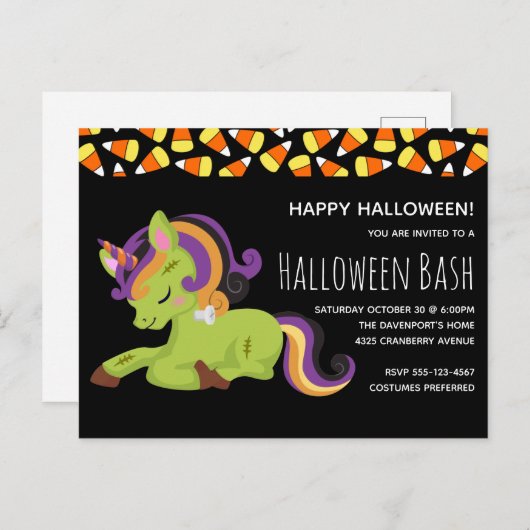 Invitation Carte Postale Cute Frankenstein Unicorn Halloween Party (Devant / Derrière)