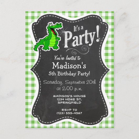 Invitation Carte Postale Cute Gator ; En vichy verte (Devant)