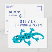 Invitation Carte Postale Cute Gecko Lizard Blue Anniversaire de enfant Part (Devant / Derrière)
