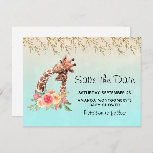 Invitation Carte Postale Cute Giraffe Aquarelle Maman & Bébé Enregistrer la (Devant / Derrière)