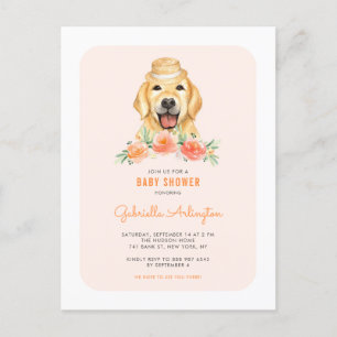 Invitation Carte Postale Cute Golden Retriever Pêcher Baby shower Floral