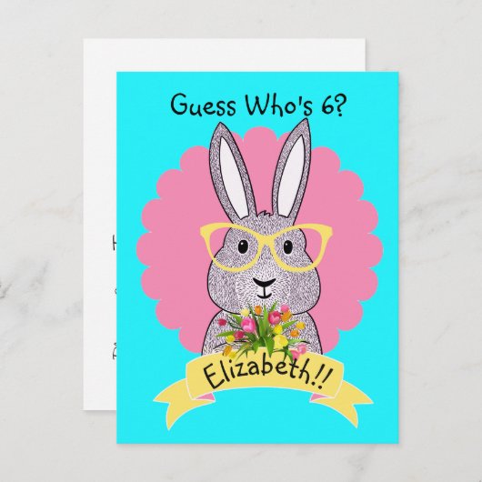 Invitation Carte Postale Cute Hip Bunny avec lunettes Anniversaire Invitati (Devant / Derrière)