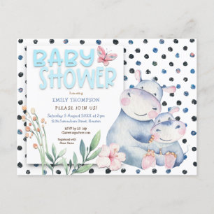 Invitation Carte Postale Cute Hippos Pois Baby shower bleu