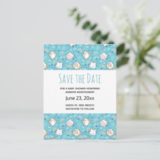 Invitation Carte Postale Cute Kitty Chat Motif Whimsical Enregistrer la dat (Debout devant)