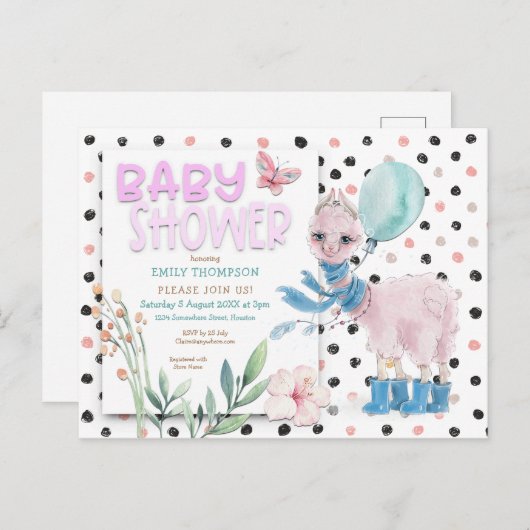 Invitation Carte Postale Cute Llama Wellies Points Baby shower rose (Devant / Derrière)