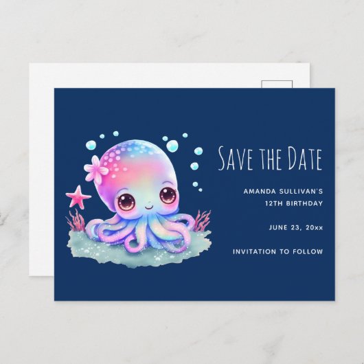 Invitation Carte Postale Cute Octopus Sea Creature Enregistrer la date (Devant / Derrière)