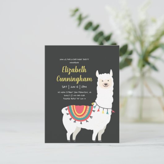 Invitation Carte Postale Cute Party Llama et Balloon Anniversaire (Debout devant)