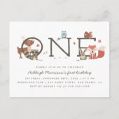 Invitation Carte Postale Cute Rustic Woodland Animaux Première fête d'anniv (Devant)