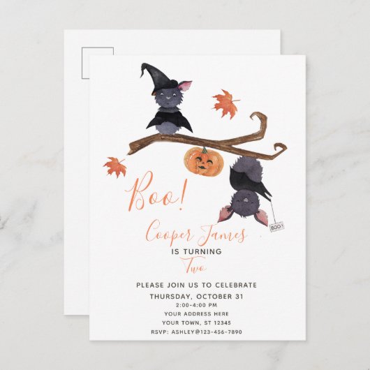 Invitation Carte Postale Cute Simple Halloween chauves-souris enfant 2e ann (Devant / Derrière)