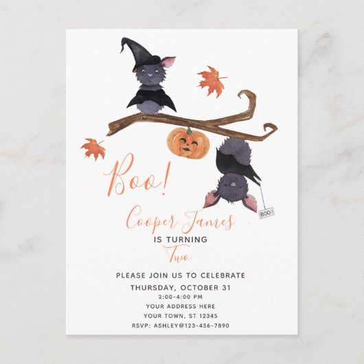 Invitation Carte Postale Cute Simple Halloween chauves-souris enfant 2e ann (Devant)