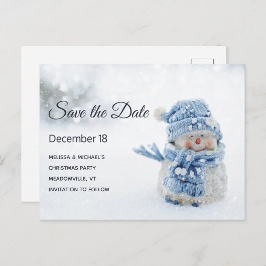 Invitation Carte Postale Cute Snowman en hiver Photo Enregistrer la date (Devant / Derrière)