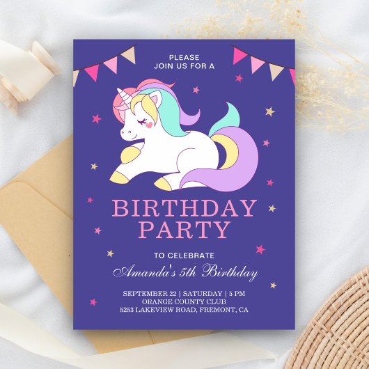 Invitation Carte Postale Cute Sweet Magique Unicorn fête d'anniversaire