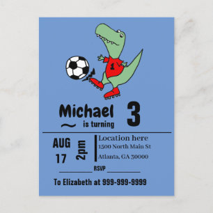 Invitation Carte Postale Cute T-rex dinosaure Soccer Anniversaire