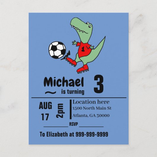 Invitation Carte Postale Cute T-rex dinosaure Soccer Anniversaire (Devant)