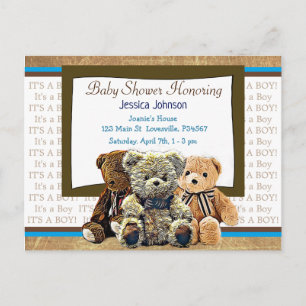 Invitation Carte Postale Cute Teddy Bear Baby shower de garçon à thème