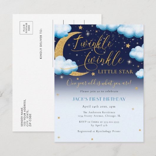Invitation Carte Postale Cute Twinkle Little Star Blue Boy Premier annivers (Devant / Derrière)