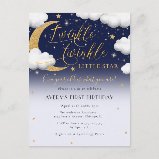Invitation Carte Postale Cute Twinkle Twinkle Little Star Premier anniversa (Devant)
