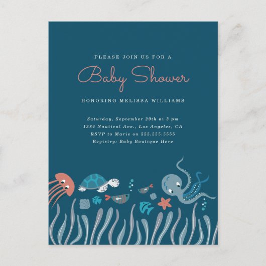Invitation Carte Postale Cute Under the Sea Ocean Critters Baby shower (Devant)